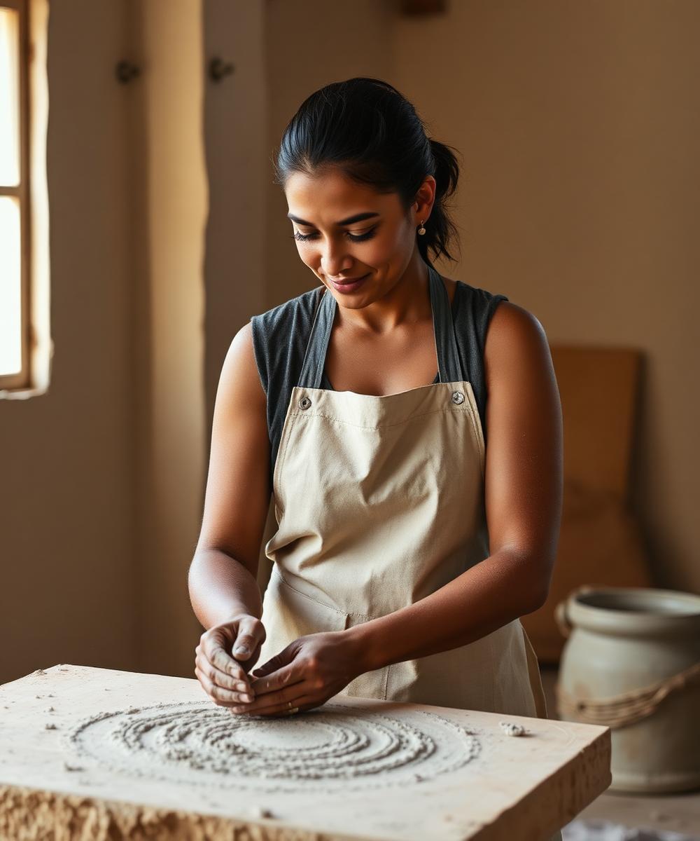 Khadheeja Easa shaping cement in her studio