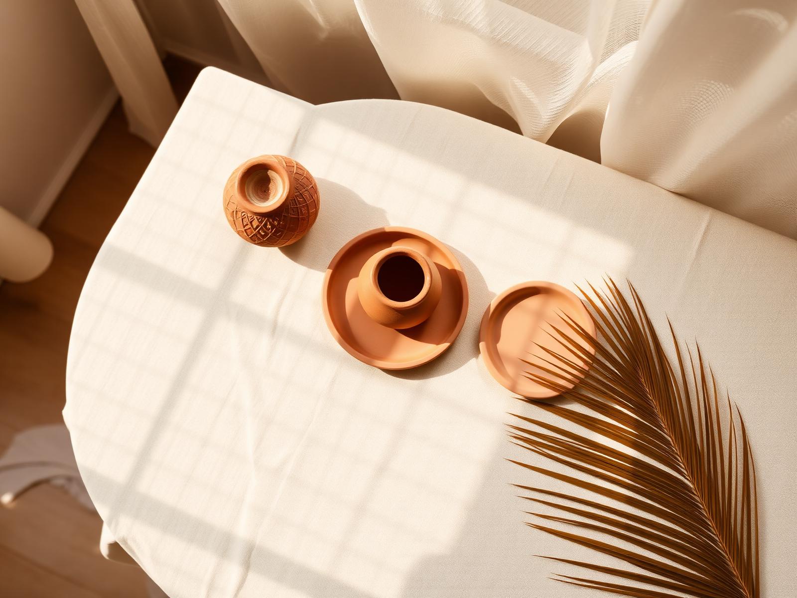 Handmade cement décor on a sunlit cream linen table
